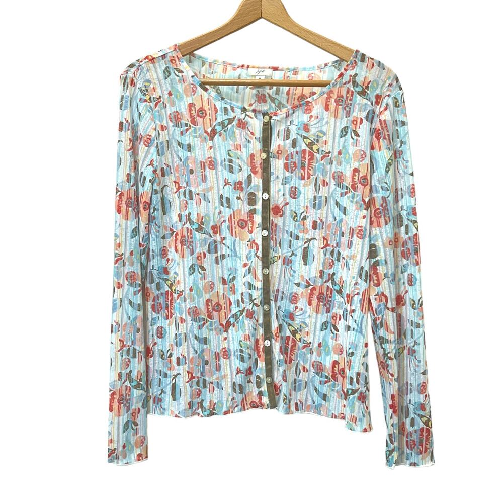 J. Jill Floral Button Front Blouse Women's Sz M Velveteen Trim Semi-Sheer Blue